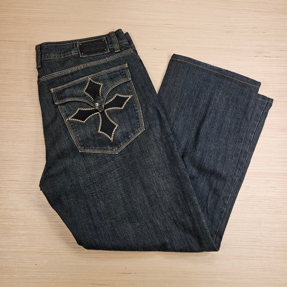Affliction Jean Men 38x34 Fit 38x30 Embroidered Cross Flap Pocket Y2K Distressed